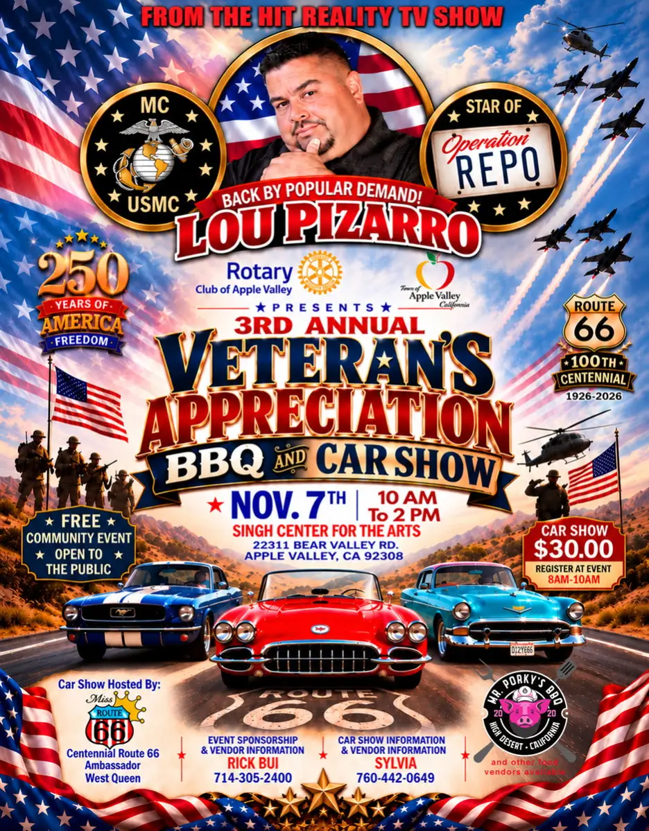 2026 Rotary Club of Apple Valley Veterans Appreciation BBQ and Car Show flyer